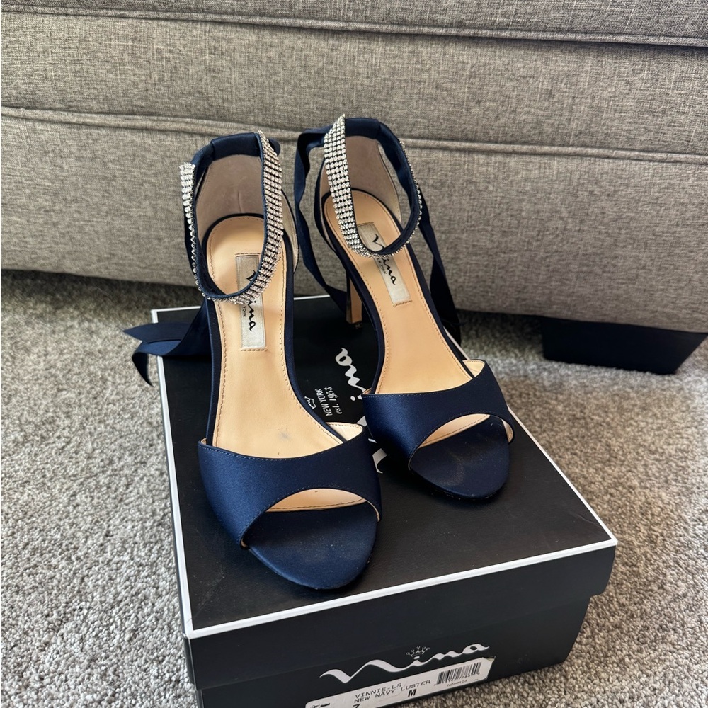 Nina Dark Blue Satin Heels with Sparkling Ankle Strap